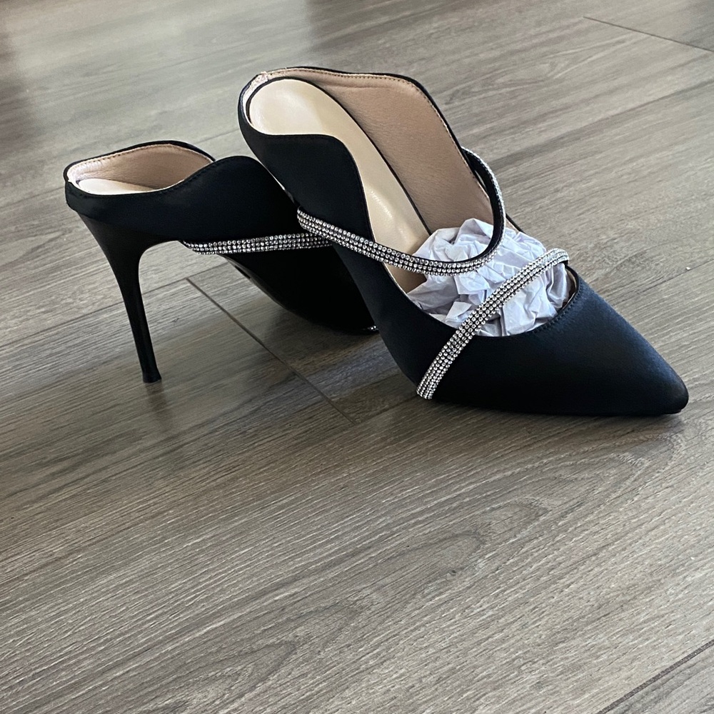 Elegant Black Stiletto Mules with Rhinestone Detail